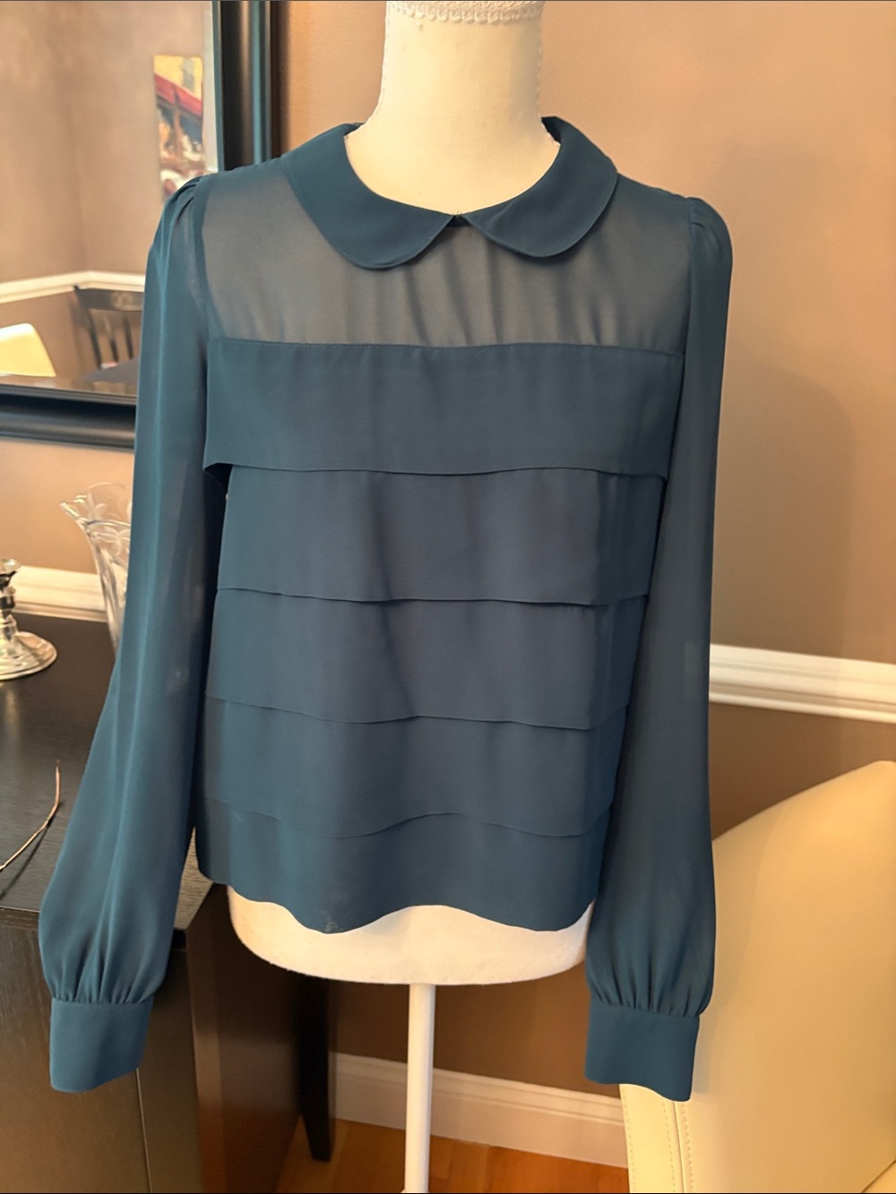 Women's Teal Layered Chiffon Blouse with Peter Pan Collar